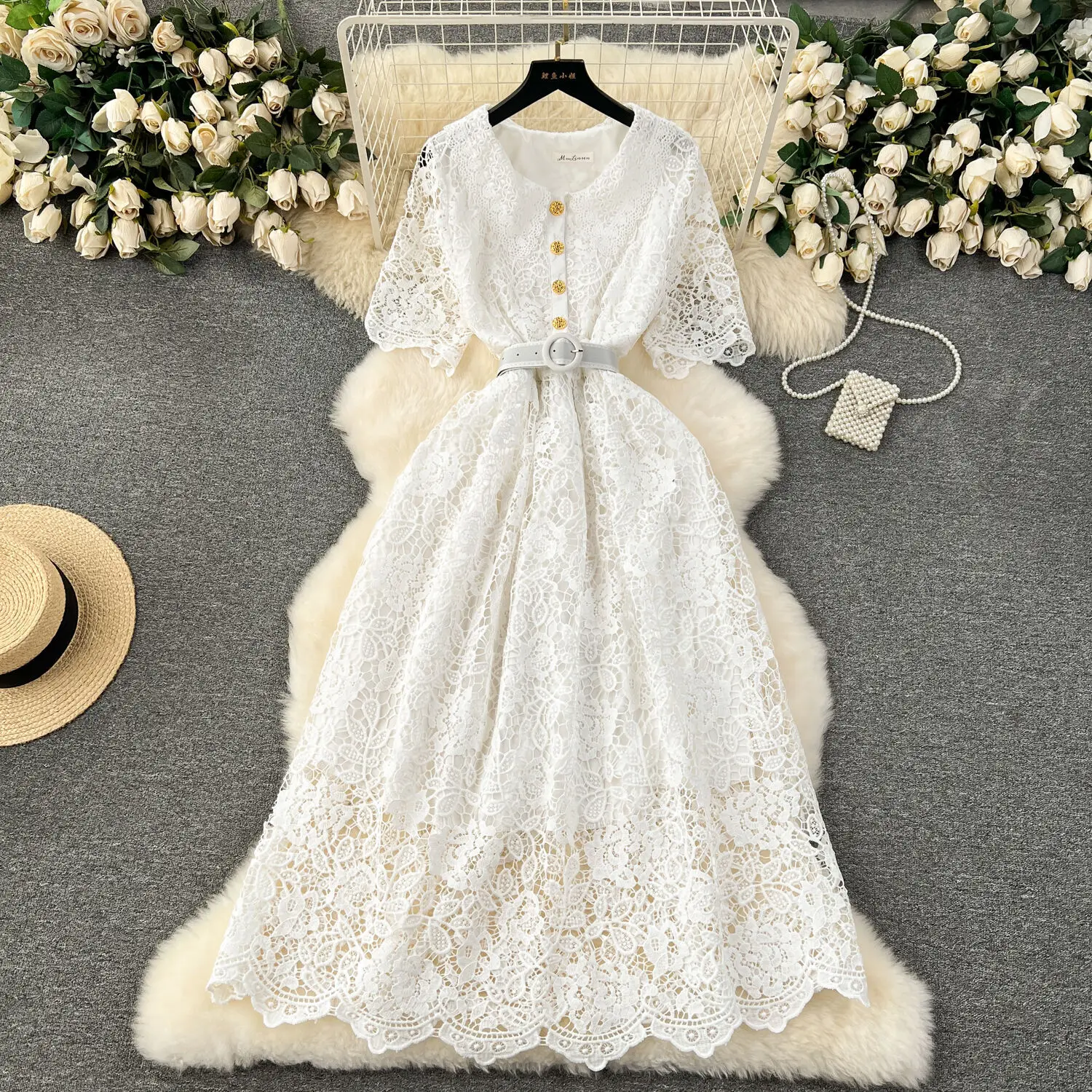 Basic Casual Dresses Vintage Summer Autumn Lace Evening Long Dress Women Short Sleeves Single Breasted Peter Pan Collar Midi Vestidos Party Robe 2025