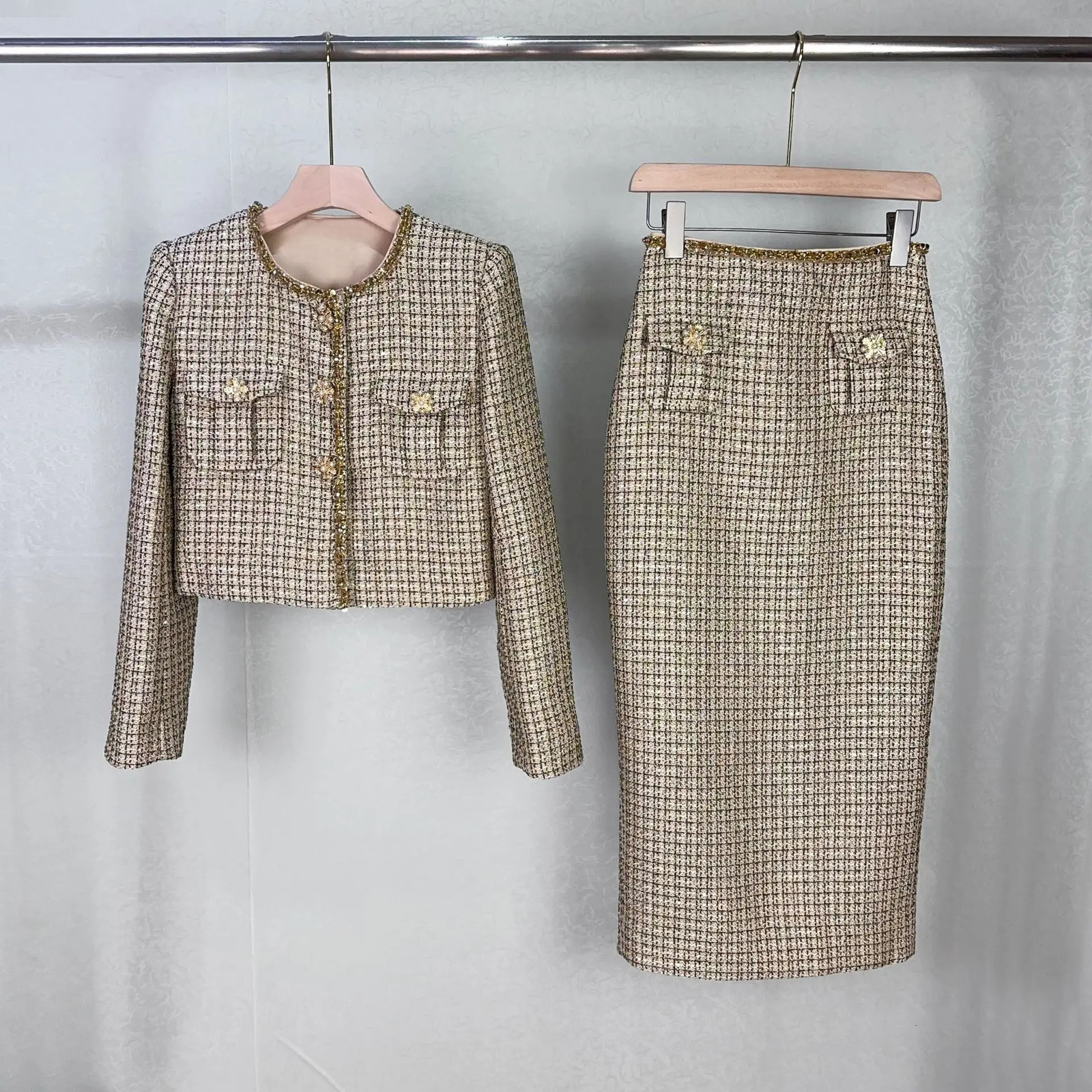 Autumn Winter Small Fragrant Style Gold Plaid Coarse Knitted Two Piece Set Women Suit Coat Tweed Jackets Midi Long Skirts Sets 241202