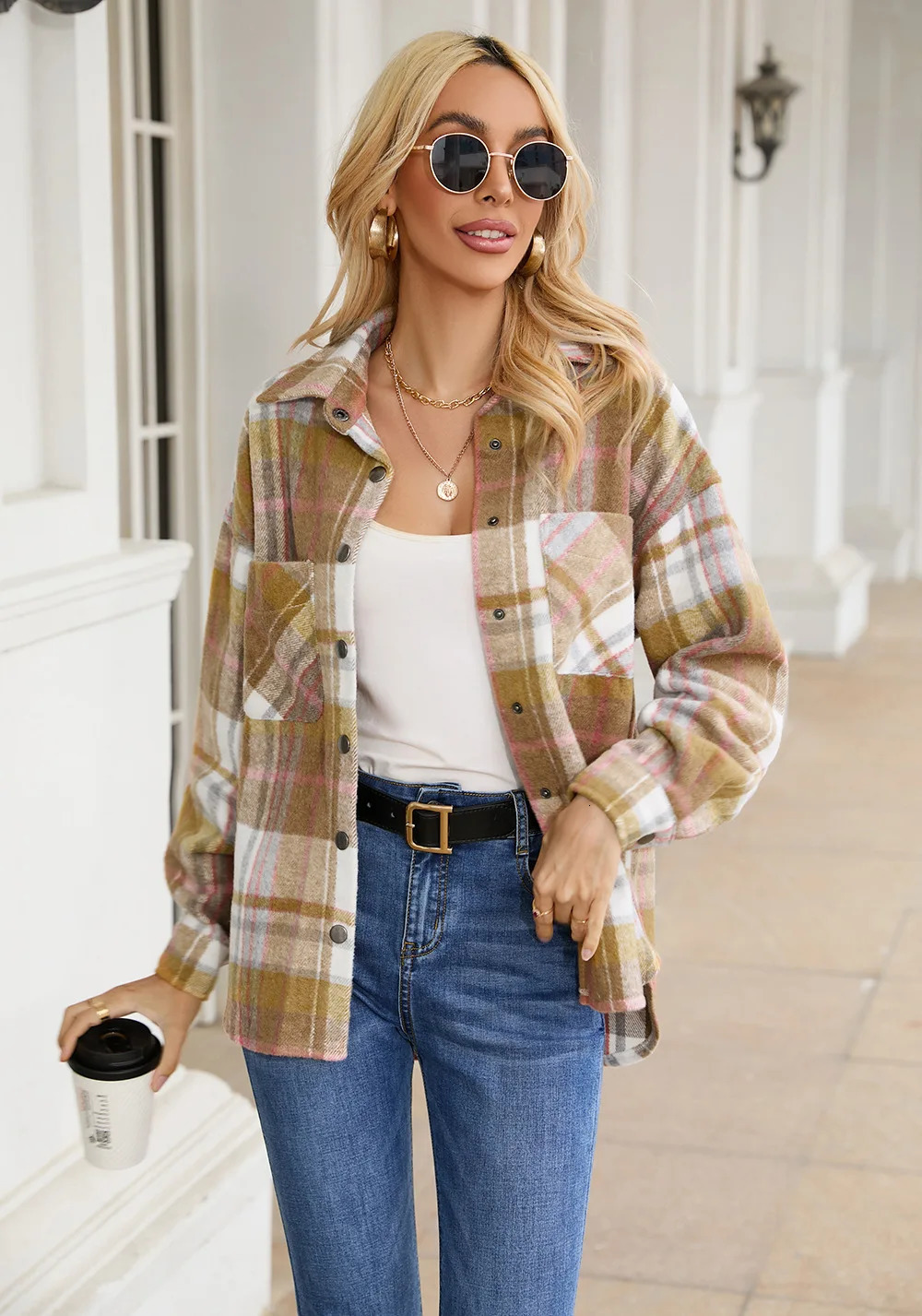 Womens Plaid Jacket Casual Loose Collared Woolen Coat 241202