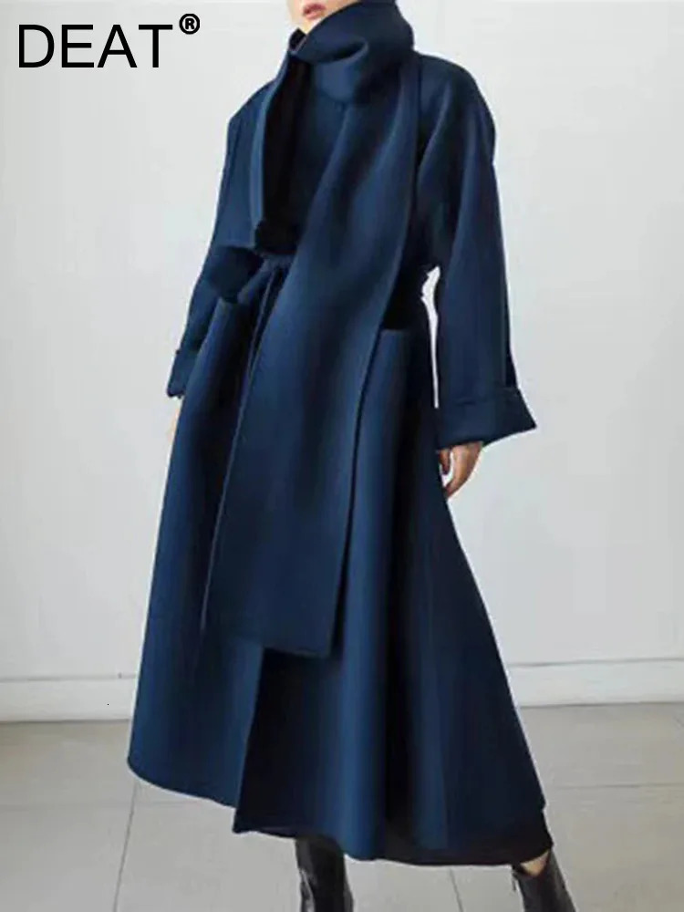 DEAT Elegant Cashmere Coat Neckerchief Lapel Laceup Waist Loose Thick Warm Long High Street Womens Jackets 2024 Autumn 15C741 241202