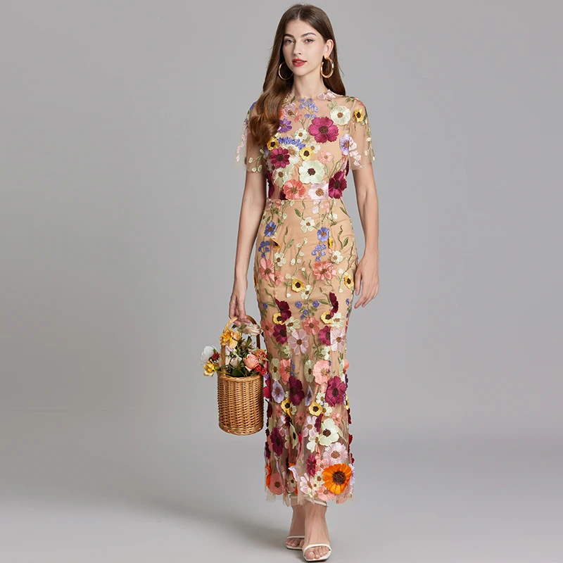 Basic Casual Dresses Summer Embroidery Lace Prom Dress Women French Luxury 3D Flower Fishtail Short Sleeve Long Dresses Party Bodycon Holiday Vestido
