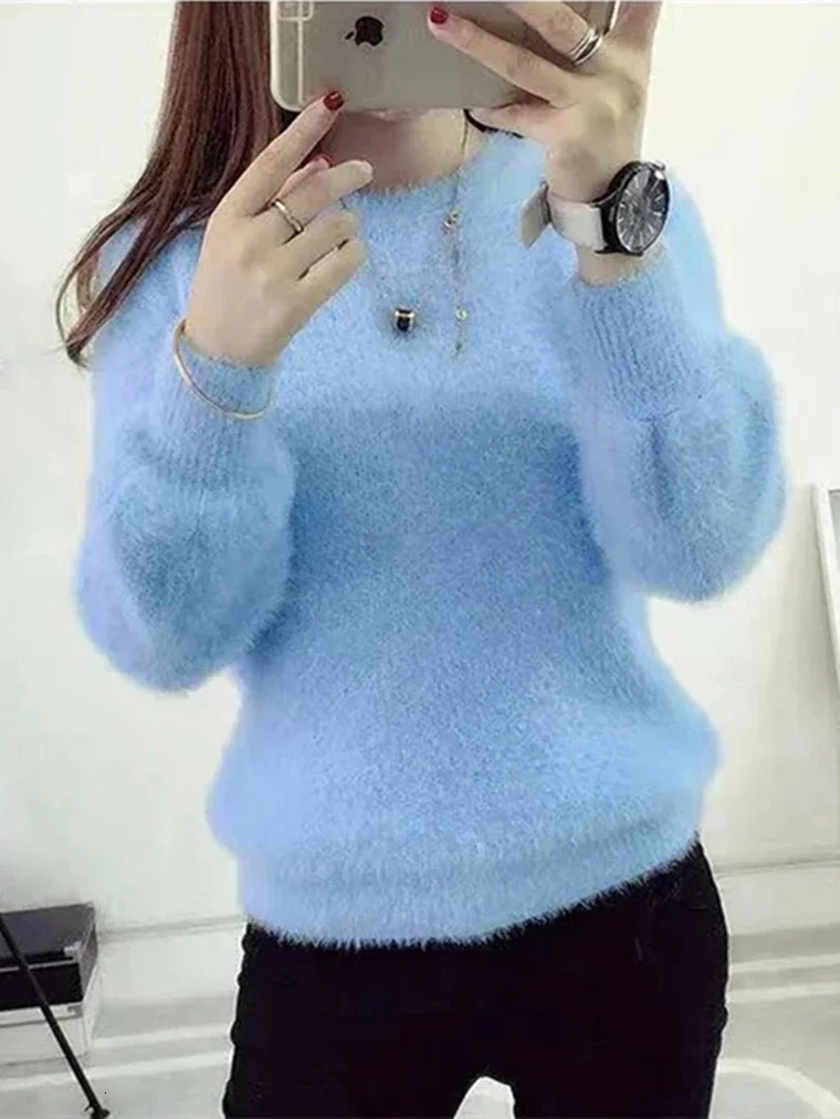 Winter Mink Wool Fleecing Female Oneck Long Puff Sleeve Elastic Casual Sweater Women Knitted Tops Pullovers Solid 241203