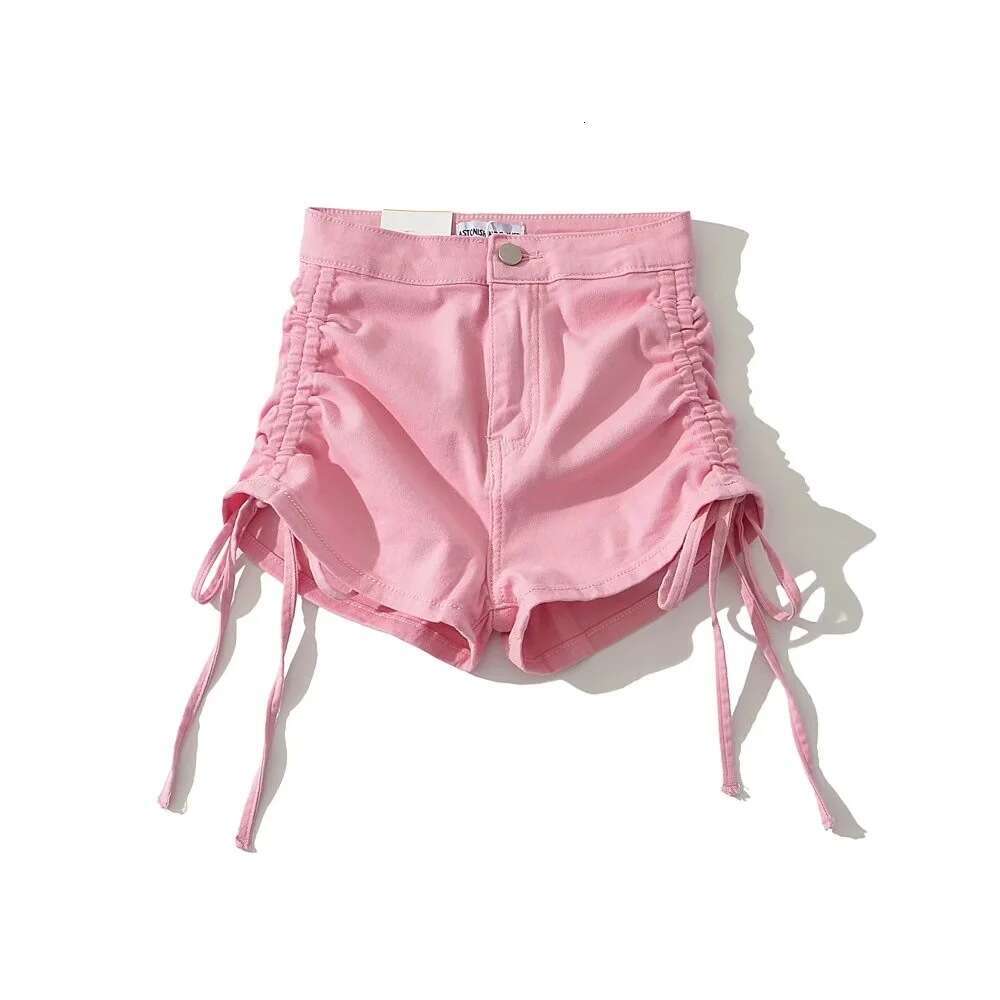 Summer Girl High Waist Elastic Tight Side Drawstring Wrapped Butt Hot Pants Women's Folded Strap Cowboy Shorts 2024 New Casual Versatile Fashion 