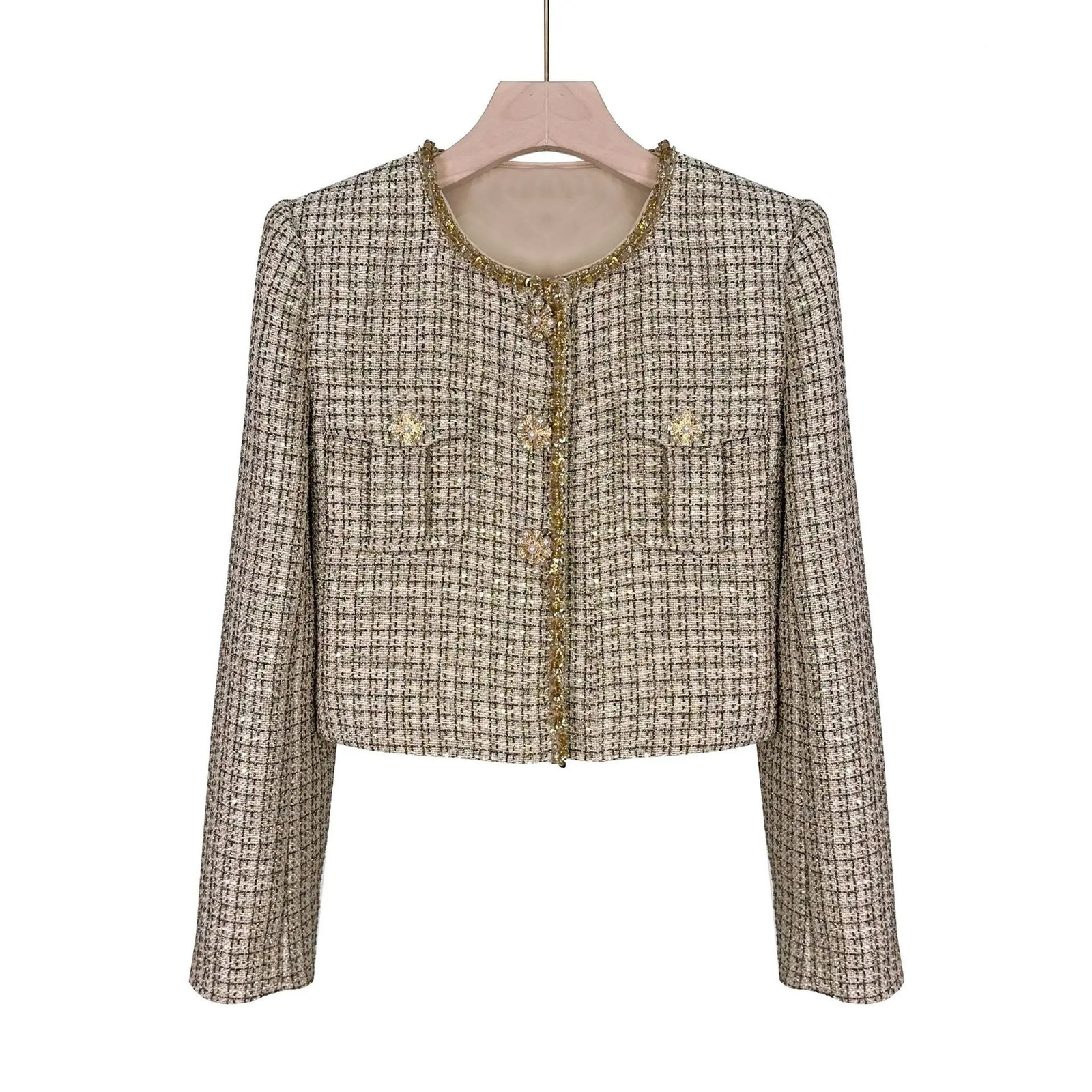 Autumn Winter Small Fragrant Style Gold Plaid Coarse Knitted Two Piece Set Women Suit Coat Tweed Jackets Midi Long Skirts Sets 241202