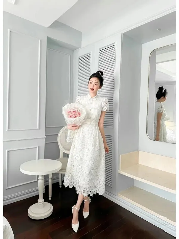 Basic Casual Dresses Runway 2025 Summer Flower Embroidery White Lace Evening Prom Holiday Dress Women Short Sleeve Pearls Bow Bead Vest