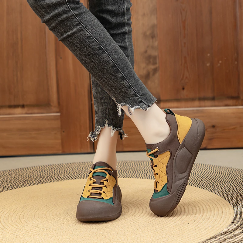 Women Sneakers Retro Spring Fashion Color-Blocked Women Sneakers Large Size Genuine Leather Women Vulcanized Shoes