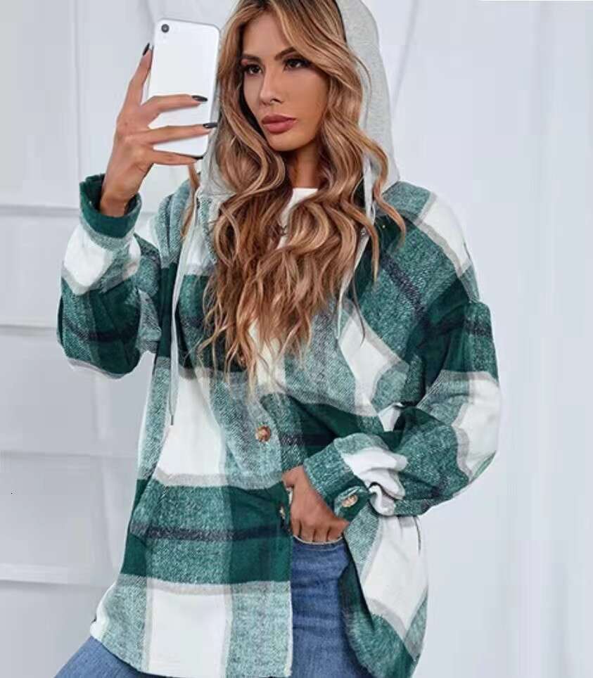European American autumn winter plaid flannel woolen hooded jacket for women, 2024 new casual and versatile fashion clothing