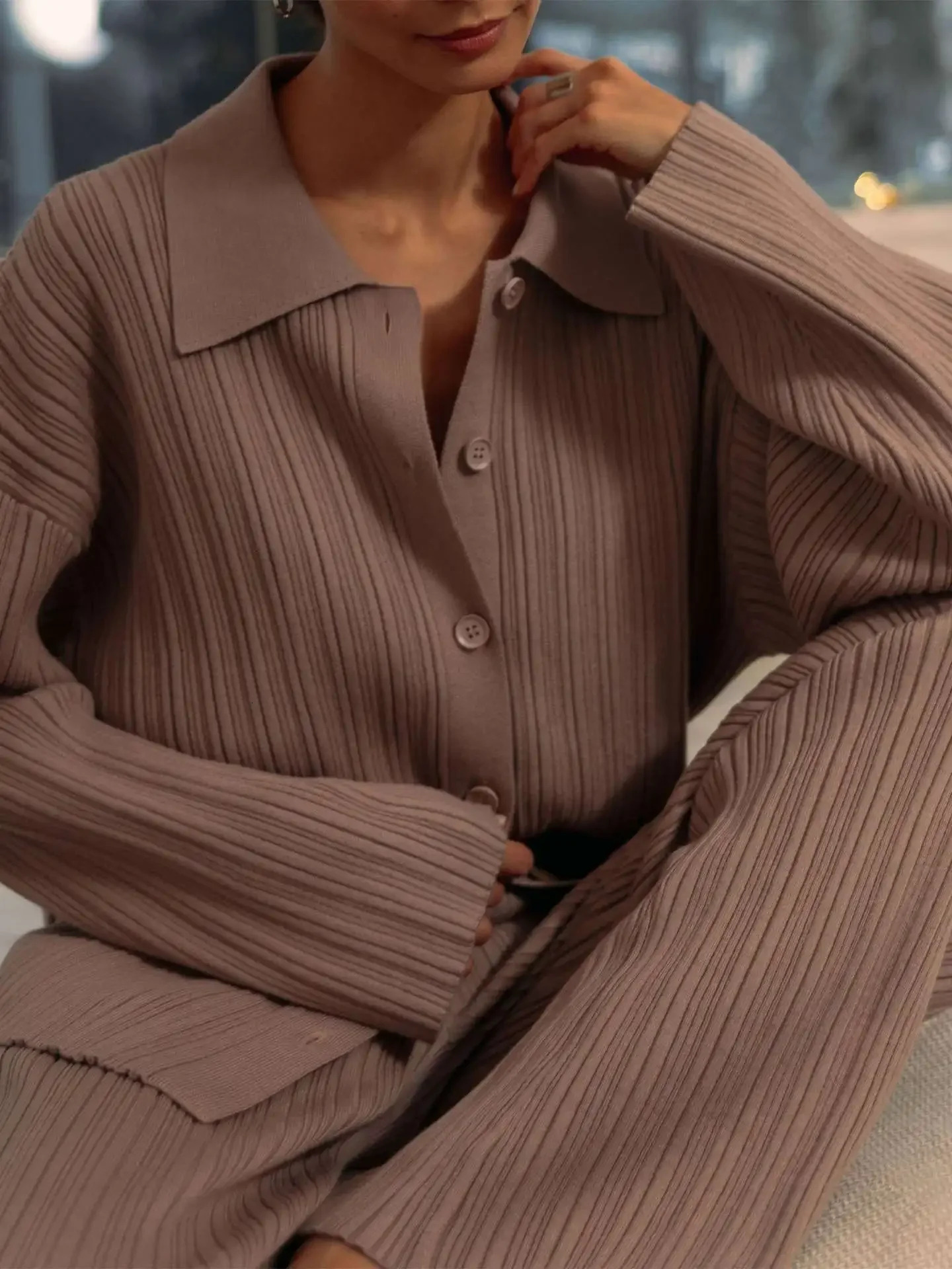 Cardigan Wide Leg Pants Two-Piece Knitted Sweater Set Ins New Style Pit Stripe Ensemble Femme