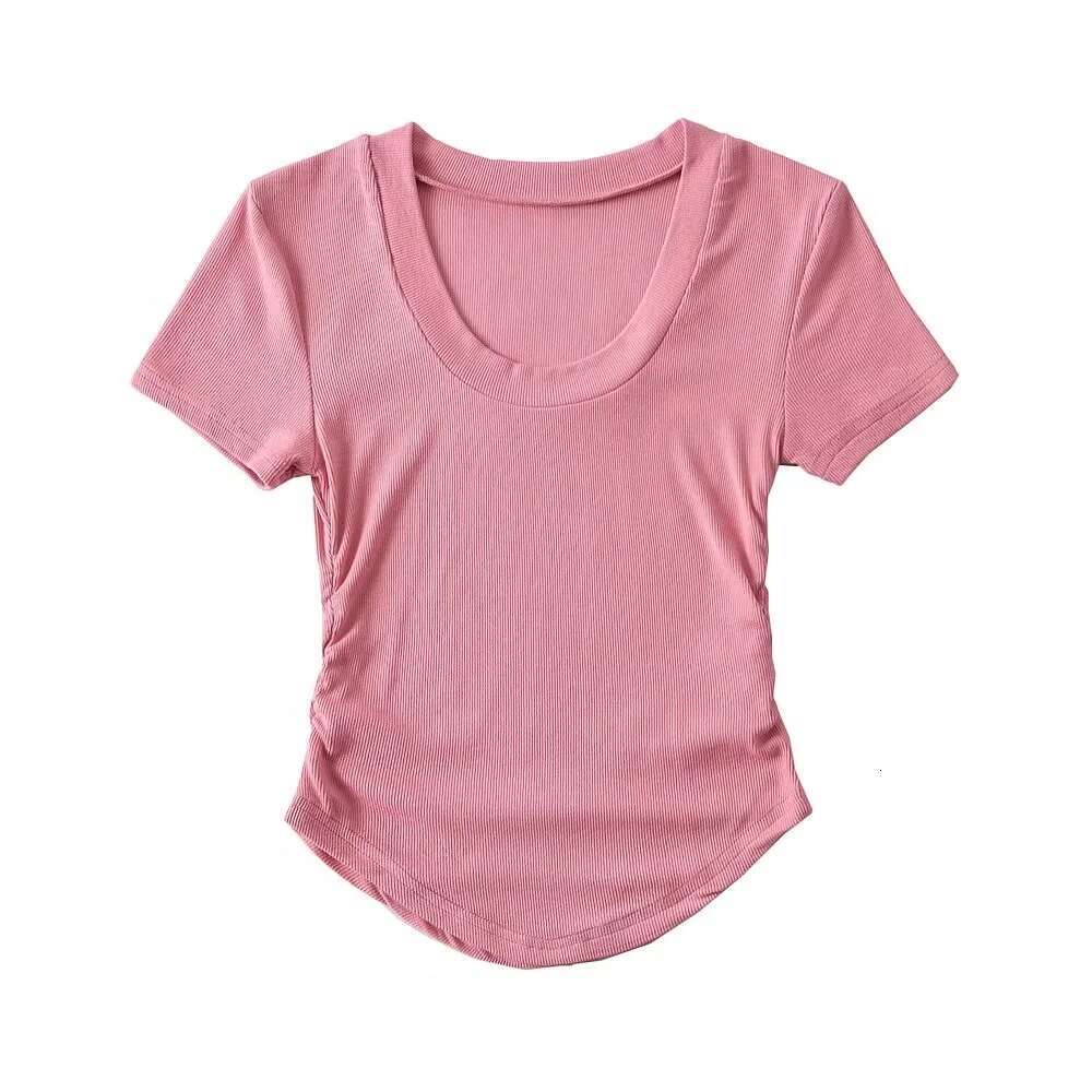Wide round neck slim fit curved edge T-shirt for women in summer 2024, 12 color elastic tight fit, slimming high waist short sleeved top, 2024 new sty