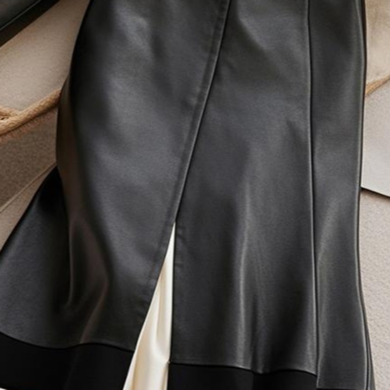 Leather Women Skirts Ruffles Contrast Color Patchwork Faldas Mujer High Waist Korean Fashion Retro Winter Long Skirt