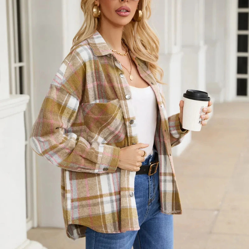 Womens Plaid Jacket Casual Loose Collared Woolen Coat 241202