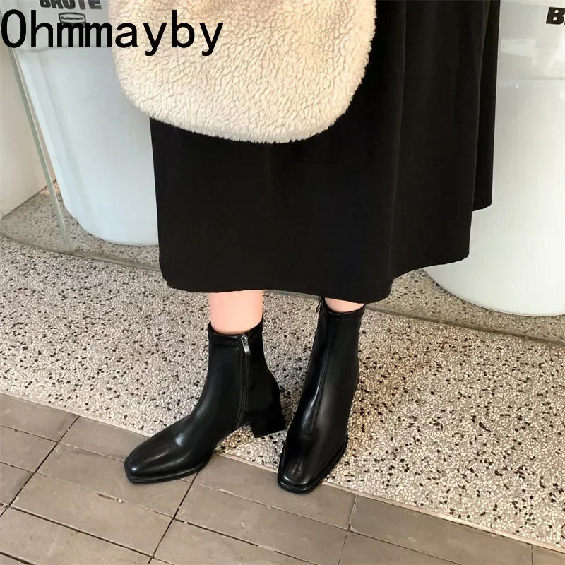 autumn and winter foot pedal boots fashionable square foot pedal zipper womens casual Chelsea boots soft leather short boots 241206