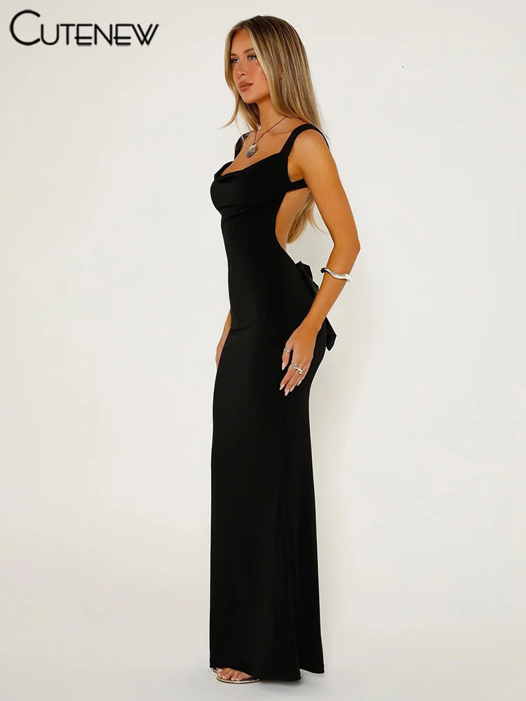 Cute womens elegant solid Maxi dress sexy strapless spaghetti long bow lace top girl backless party 241206