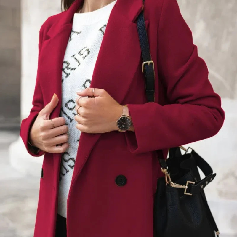 Solid Color Long Sleeved Double Row Button Suit Collar Woolen Coat for Women 241202