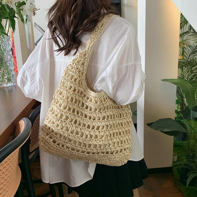 Summer Women Beach Tote Handbags Rattan Crochet Shoulder Bag Casual Commute Vintage Straw Woven 241203