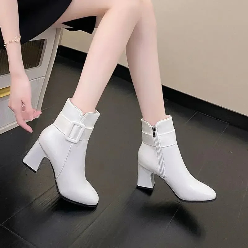 Fashionable white womens boots 2024 Korean version mid calf high heels thin fur autumnwinter rubber upper material 241206