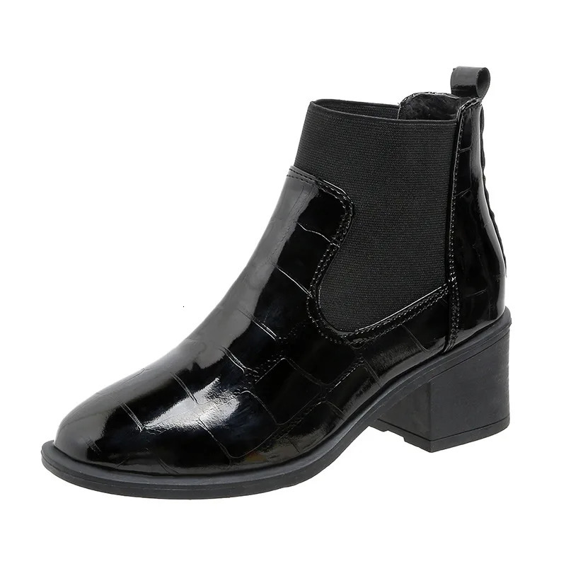 Chelsea Womens Boots Autumn/Winter UK Lace Leather Mid Heel Boots Round Toes High Heels Shiny Leather Womens Boots 241206
