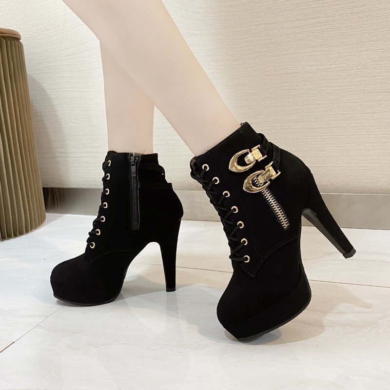 European And American Retro Women's 2024 New Lace Up Side Zipper Super High Heels Solid Color Short Boots Platform Shoes