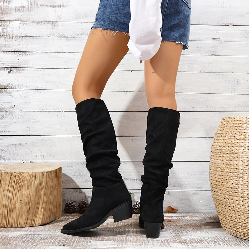 Vintage Pointed Toe Womens Knee High Heels Fashion Slippers Winter Comfortable Long Botas De Mujer 241206