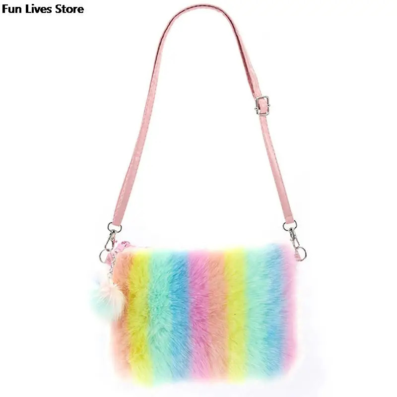 Rainbow Plush Shoulder Bag Colorful Fur Handbag Womens Fashion Cross body Girls Can Be Mischievous with 241206