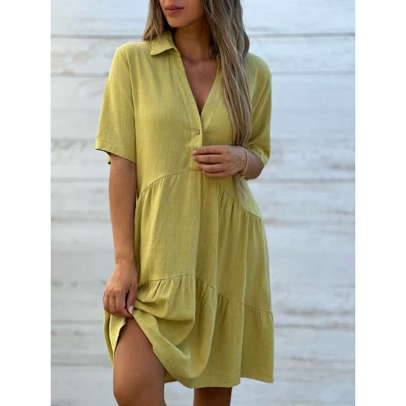 European American women's loose solid color lapel casual short sleeved en dress 2024 new style chic and elegant clothing