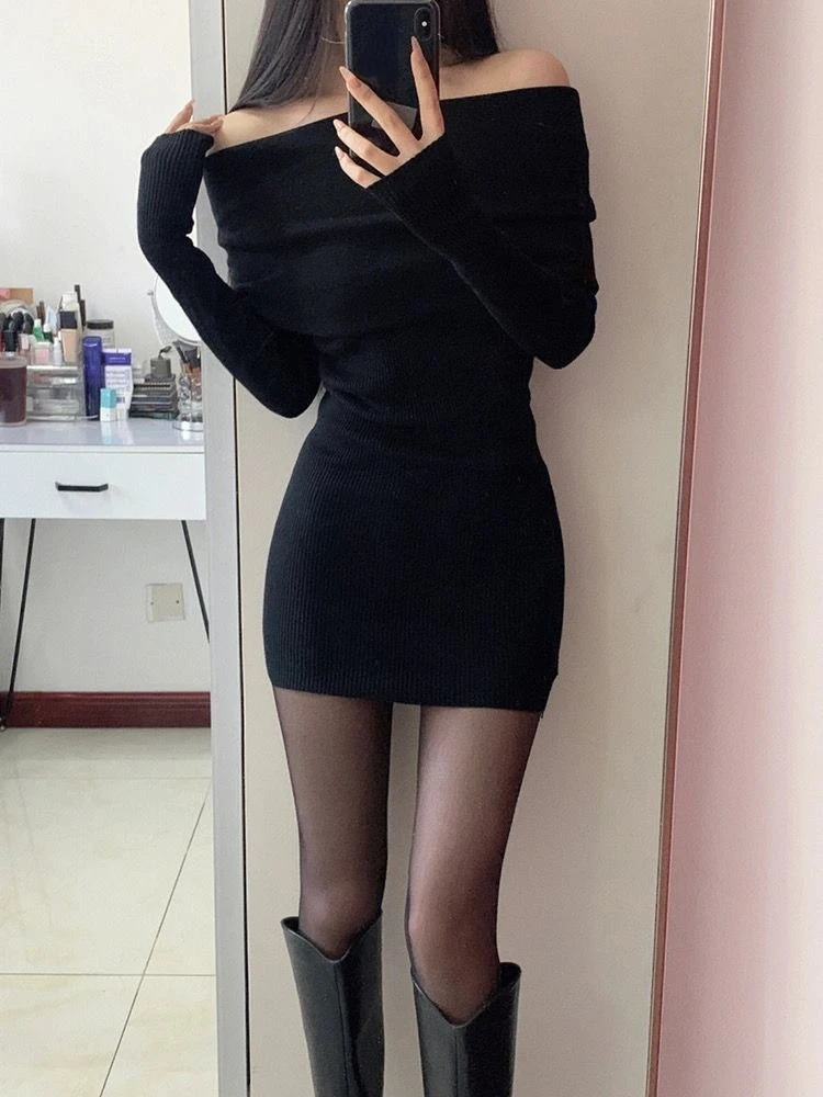 Ultra thin waist tuned solid dress with slanted collar and long sleeves fashionable Y2k aesthetic vest for women sweet elegant and chic dress 241206