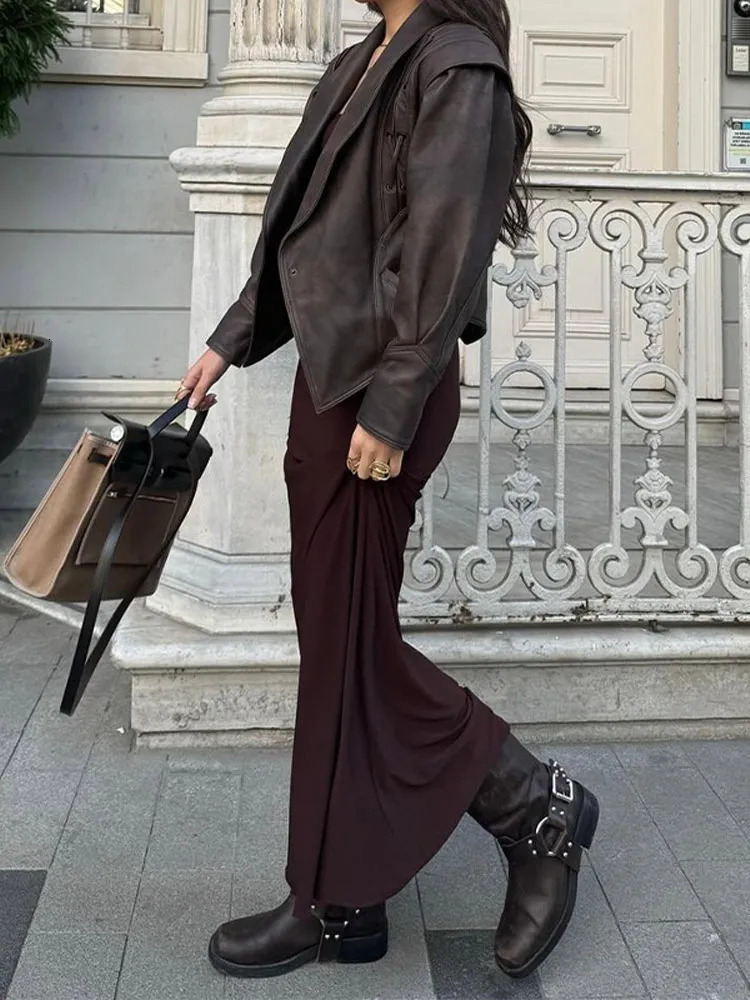 Fashion Leather Woman Short Jacket With Belt Turn Down Collar Long Sleeve Motorcycle Coat Ladies Winter Warm Street Outerwear 241205