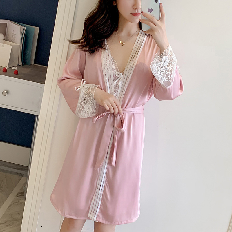 2025 Designer s new ice thin solid color fashion summer mid length bathrobe short sleeved kimono pajamas
