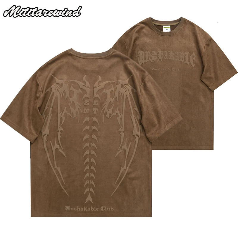 Summer Retro Mens Shirt Skull Print High Street Loose Short Sleeve T-shirt Top Suede Y2k Youth Casual Hip Hop T-shirt