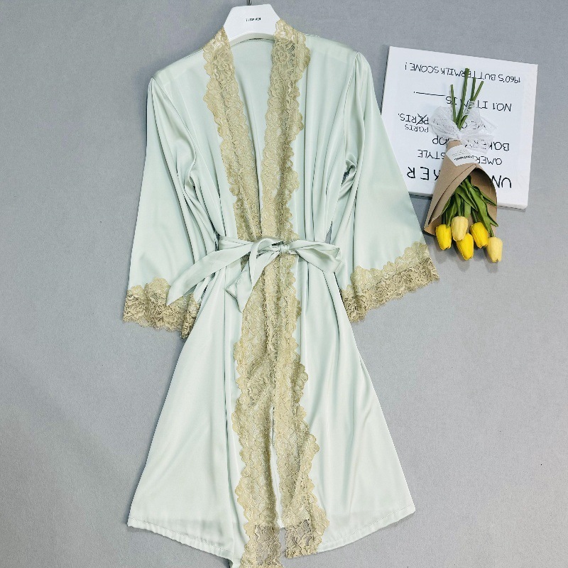 2025 fashion Designer s new sexy lace solid color bathrobe women s summer thin version single ice silk