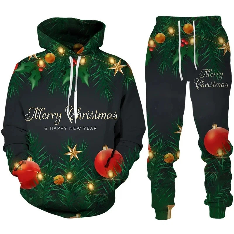 Merry Christmas Christmas Tree Mens Hoodie Fashion Song Set 3D Printed Y2K Party Celebration Sweatshirt Pants Fun Clothes 241205