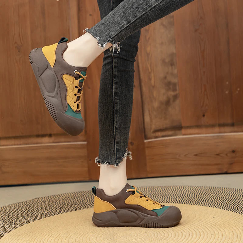 Women Sneakers Retro Spring Fashion Color-Blocked Women Sneakers Large Size Genuine Leather Women Vulcanized Shoes