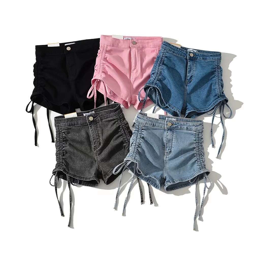 Summer Girl High Waist Elastic Tight Side Drawstring Wrapped Butt Hot Pants Women's Folded Strap Cowboy Shorts 2024 New Casual Versatile Fashion 