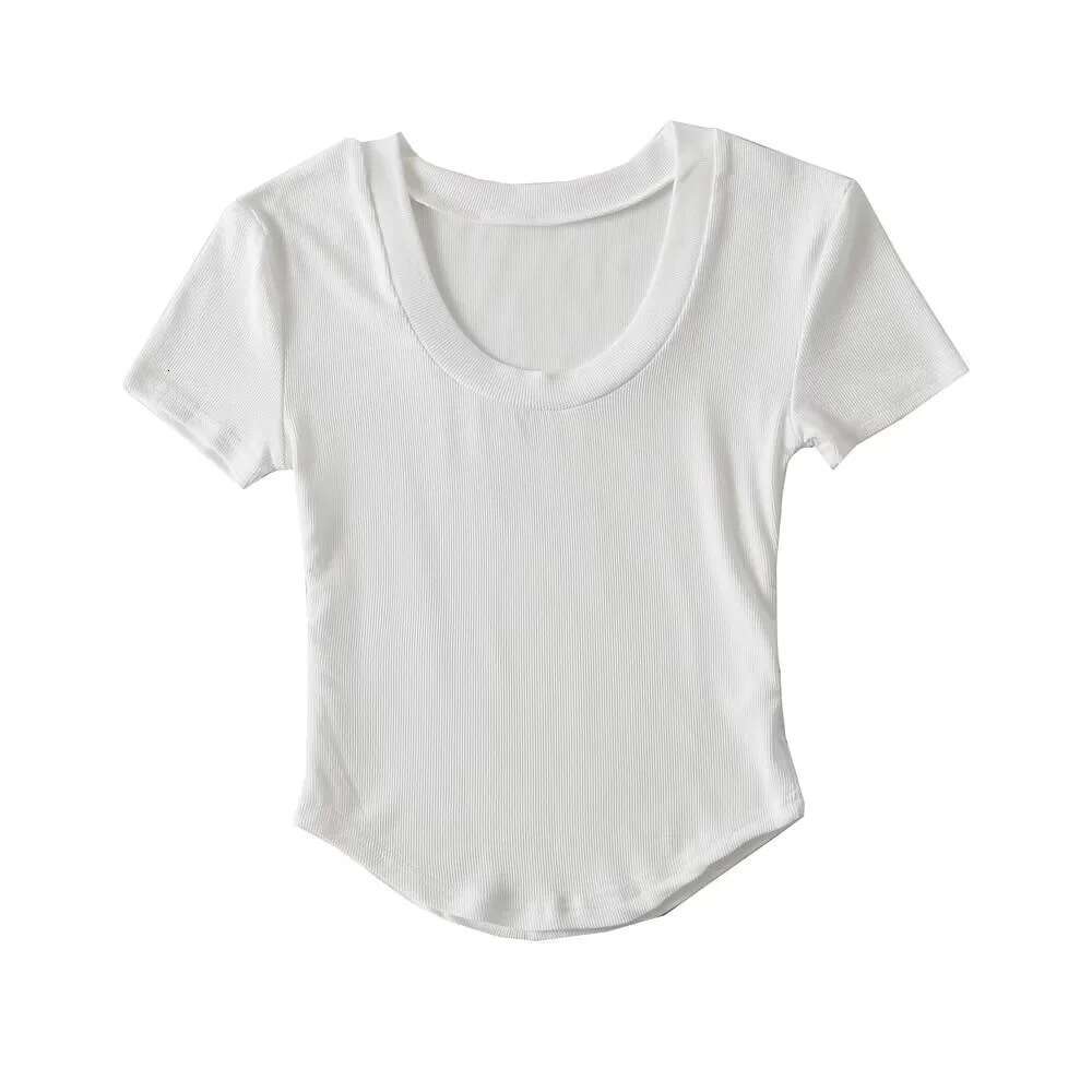 Wide round neck slim fit curved edge T-shirt for women in summer 2024, 12 color elastic tight fit, slimming high waist short sleeved top, 2024 new sty