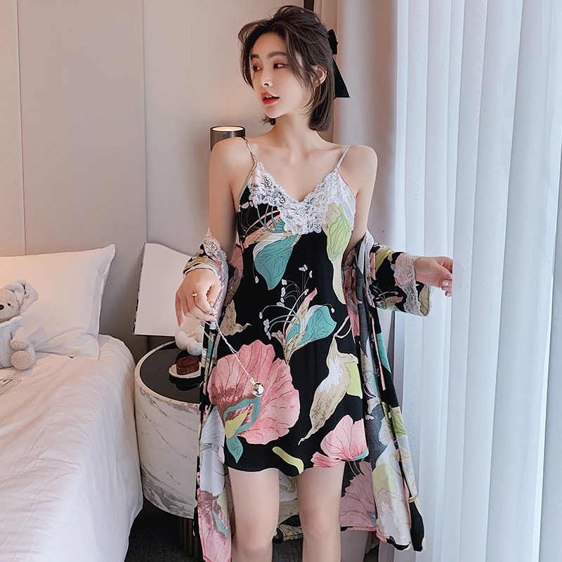 fashion 2025 Designer s new women s spring and summer cotton silk sexy plant print large hanging pajamas Hawaiian style bathrobe