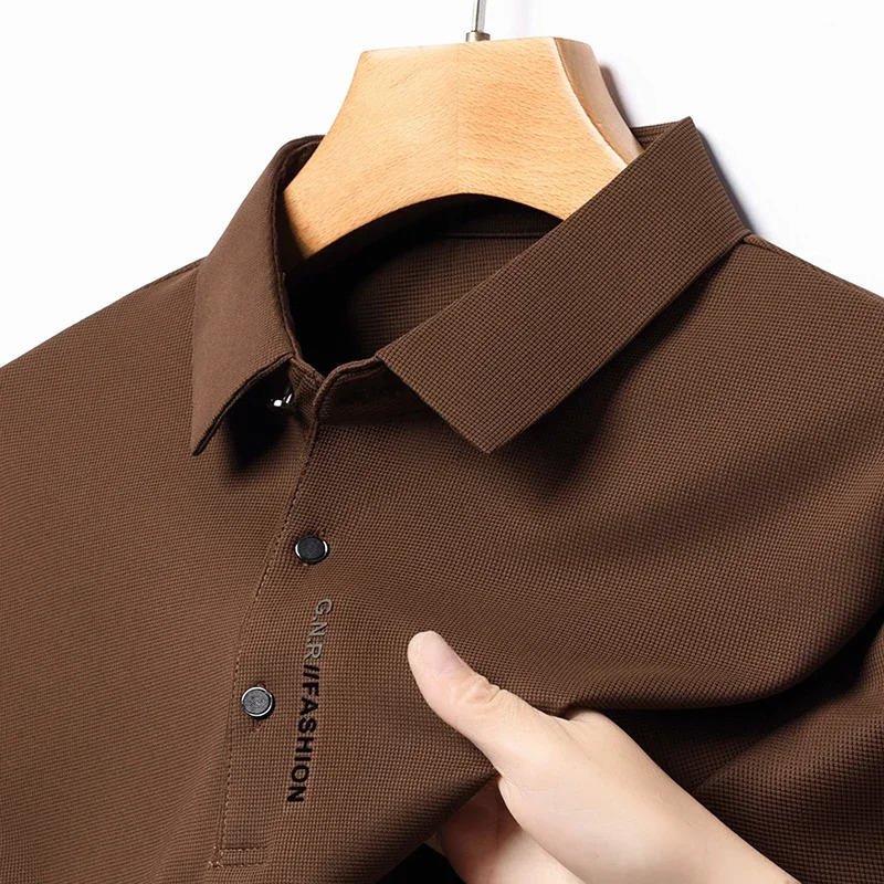 Waffle Mens Long Sleeve Tshirt Spring Lapel Business Casual Polo Shirt Elastic Base Top 241202
