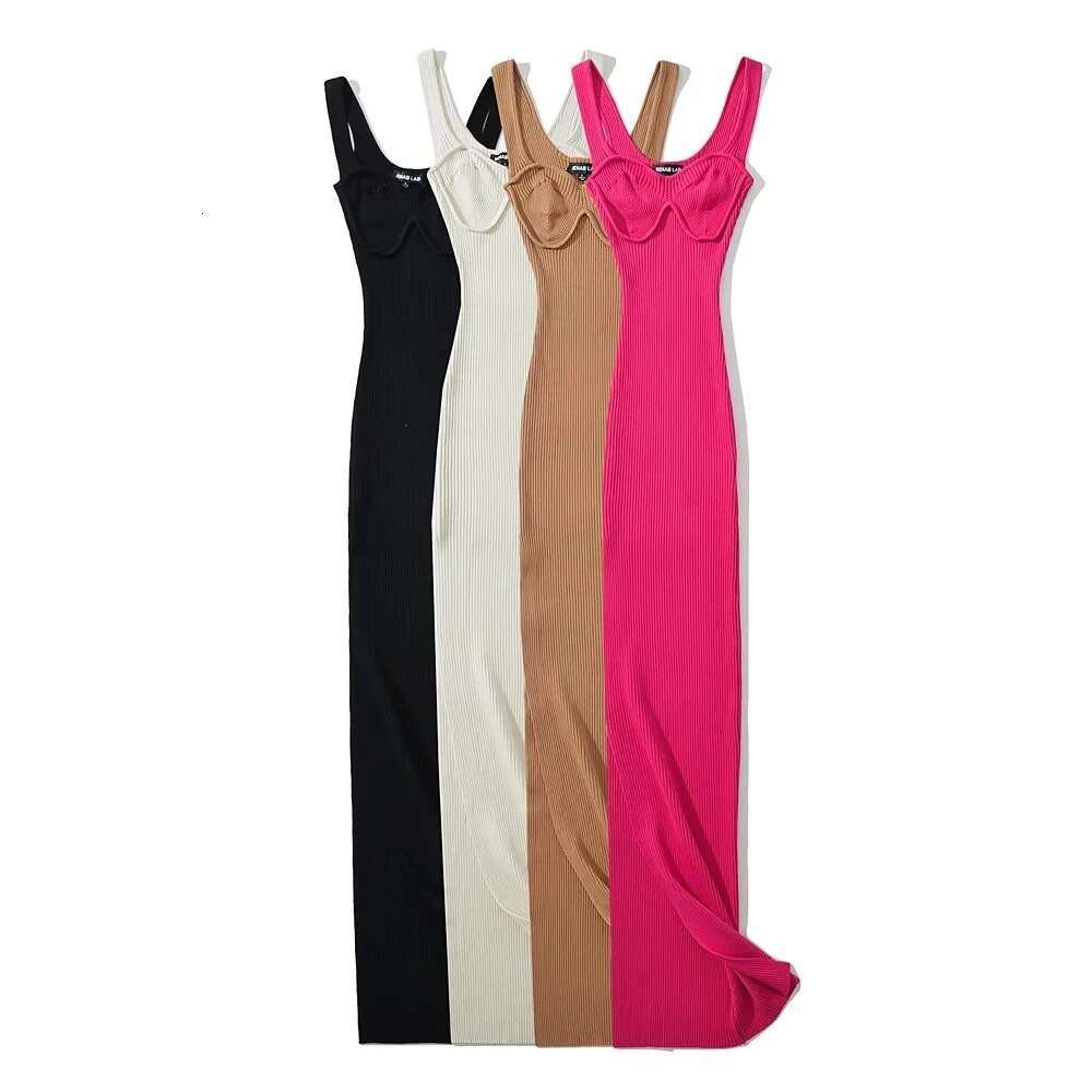 American style summer spicy girl sexy elastic slim fit three-dimensional texture side slit women's suspender long dress 2024 new casual fashion t