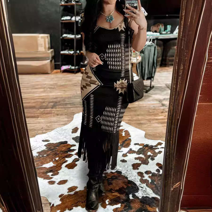 European American women's printed hem tassel suspender 2024 new style chic and elegant clothing