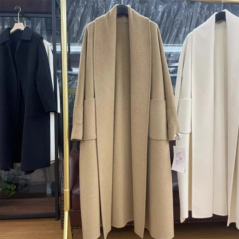 RosEvans DoubleSided Cashmere Coat Women Super Long Thick Wool Fashion Laceup Winter 241202