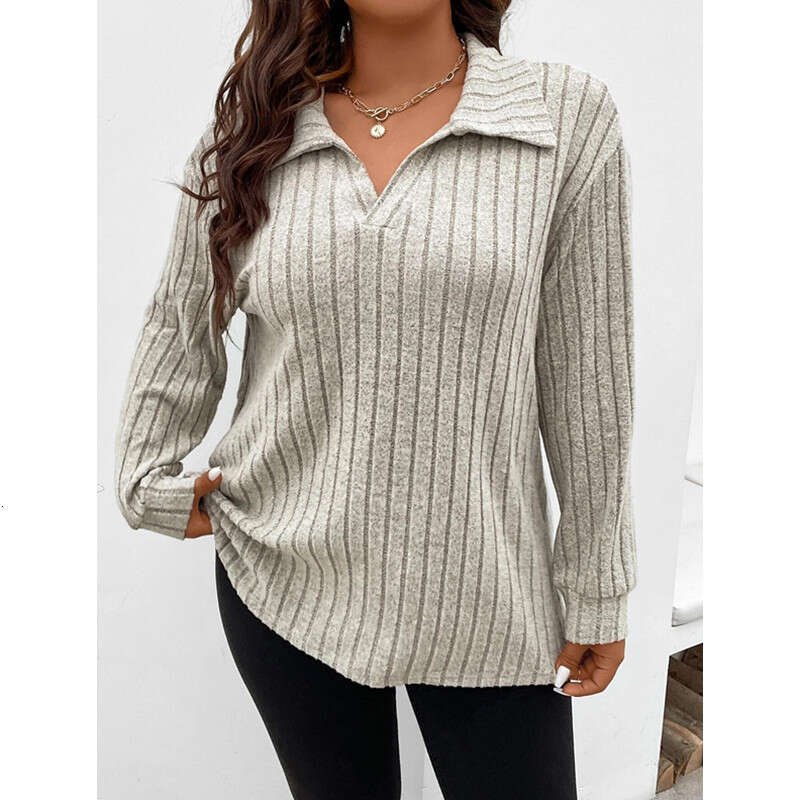 autumn and winter solid color plus size women's top V-neck long sleeved pit stripe brushed T-shirt loose 2024 temperament versatile new trendy cl
