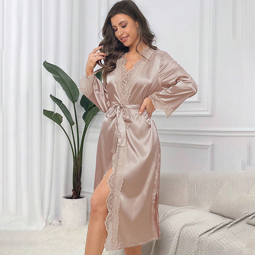 2025 Designer s new high quality satin sleepwear lace light luxury long sleeved cool trend nightgown bathrobe home wear women s sexy erotic bathrobe