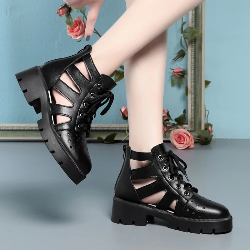 AIYUQI Women's Summer Boots Casual Mesh Ankle Boots Ladies British Style Genuine Leather Women's Cool Boots