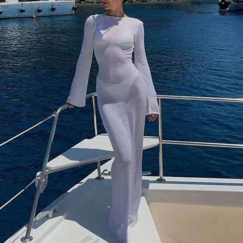 European and American autumn round neck beach bikini with sun protection long sleeved backless dress 2024 new casual fashion trend clothing