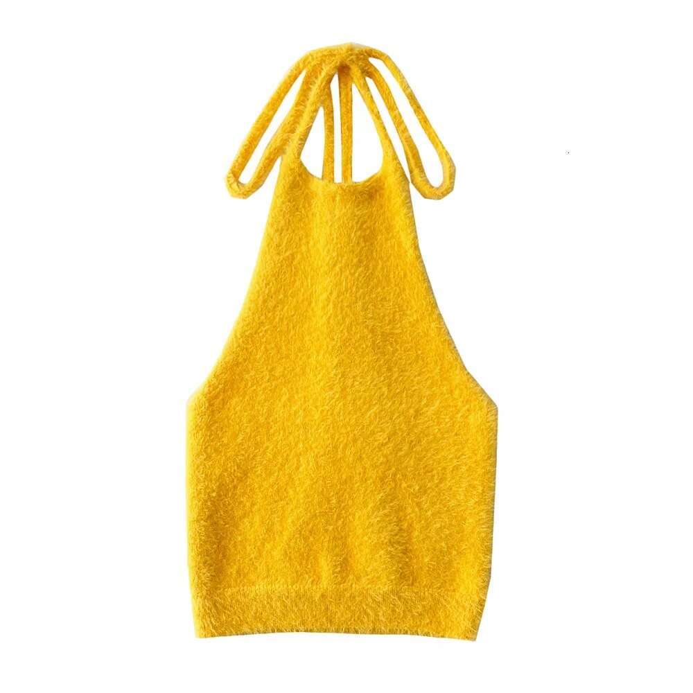 European and American INS sexy slim fit neck tied plush vest for women with backless knitted camisole 2024 new casual fashion trend clothing