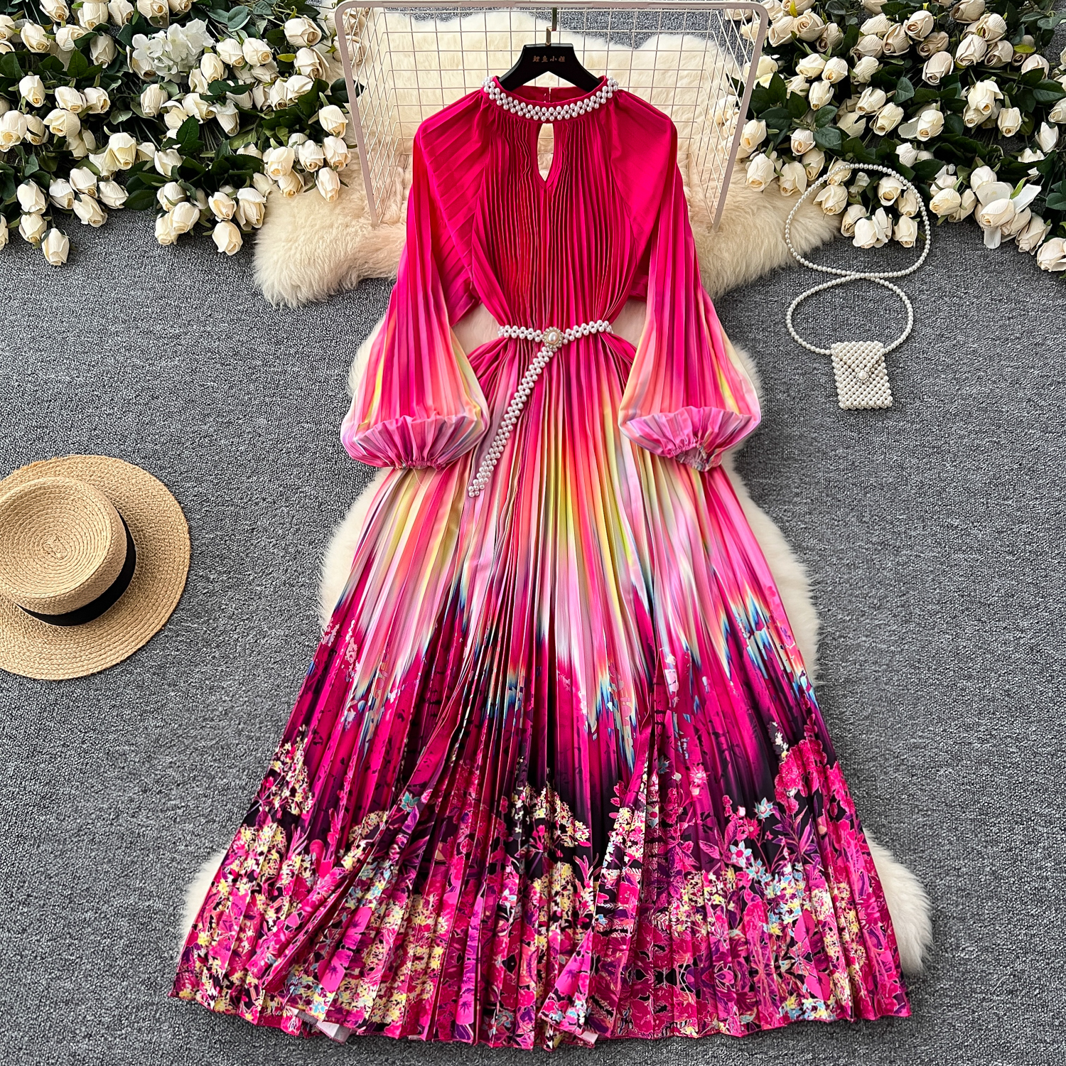 Casual Women Dresses Spring Holiday Print Oversize Long Dress For Women Crystal O-Neck Lantern Sleeve Beading Pearls Belt Loose Party Long Vestidos 2025