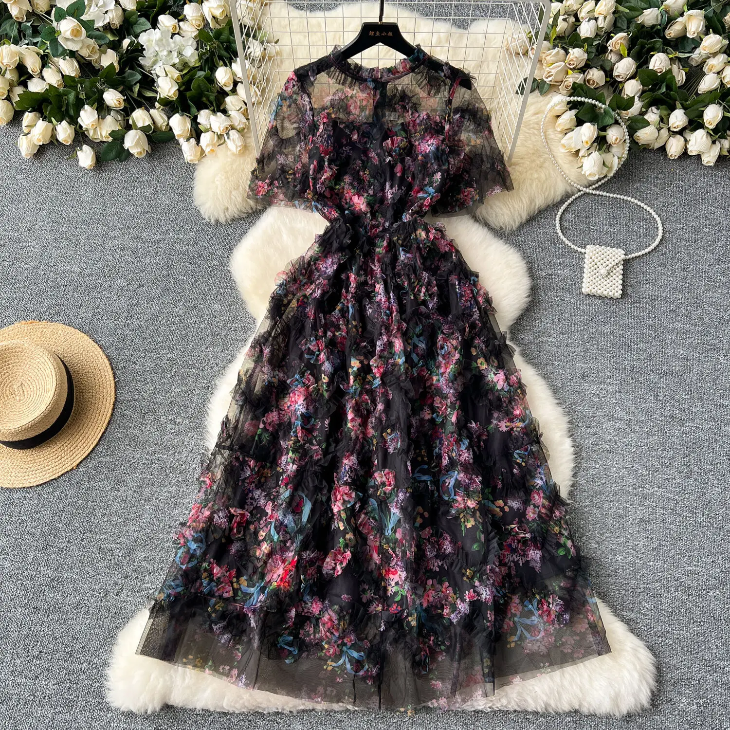 Basic Casual Dresses Runway Summer Autumn Holiday Floral Midi Tulle Prom Dress Women Layers Ruffles Cake Dresses Long Party Vestidos Quality