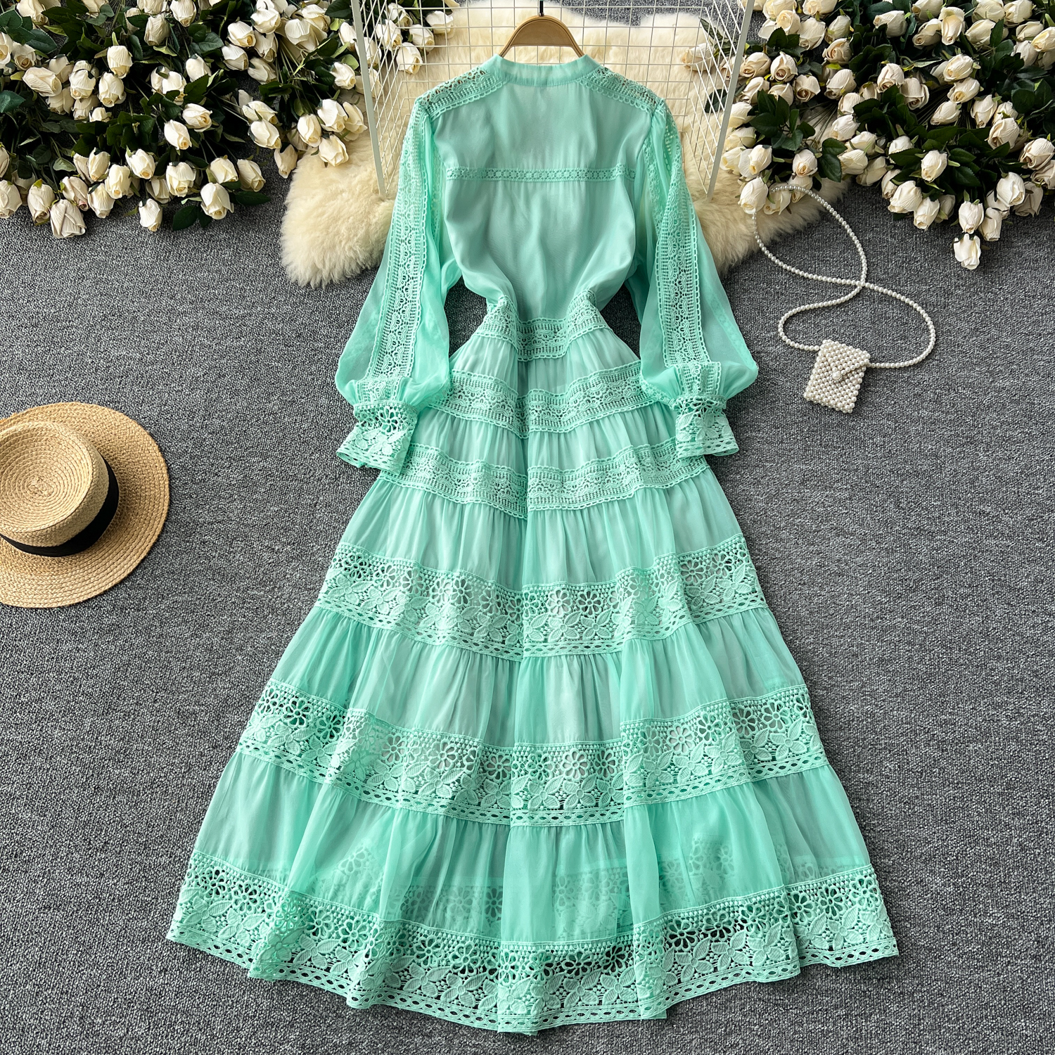 Casual Dresses Women Spring Holiday Hollow Out Embroidery Lace Splice Long Dress Women's V Neck Lantern Sleeve Zipper Evening Party Robe Vestidos