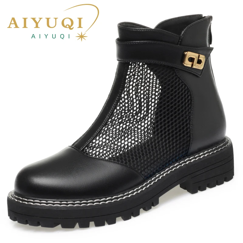 AIYUQI Female Summer Boots British-style Spring Genuine Leather Casual Women Mesh Boots Fashion Ladies Shoes