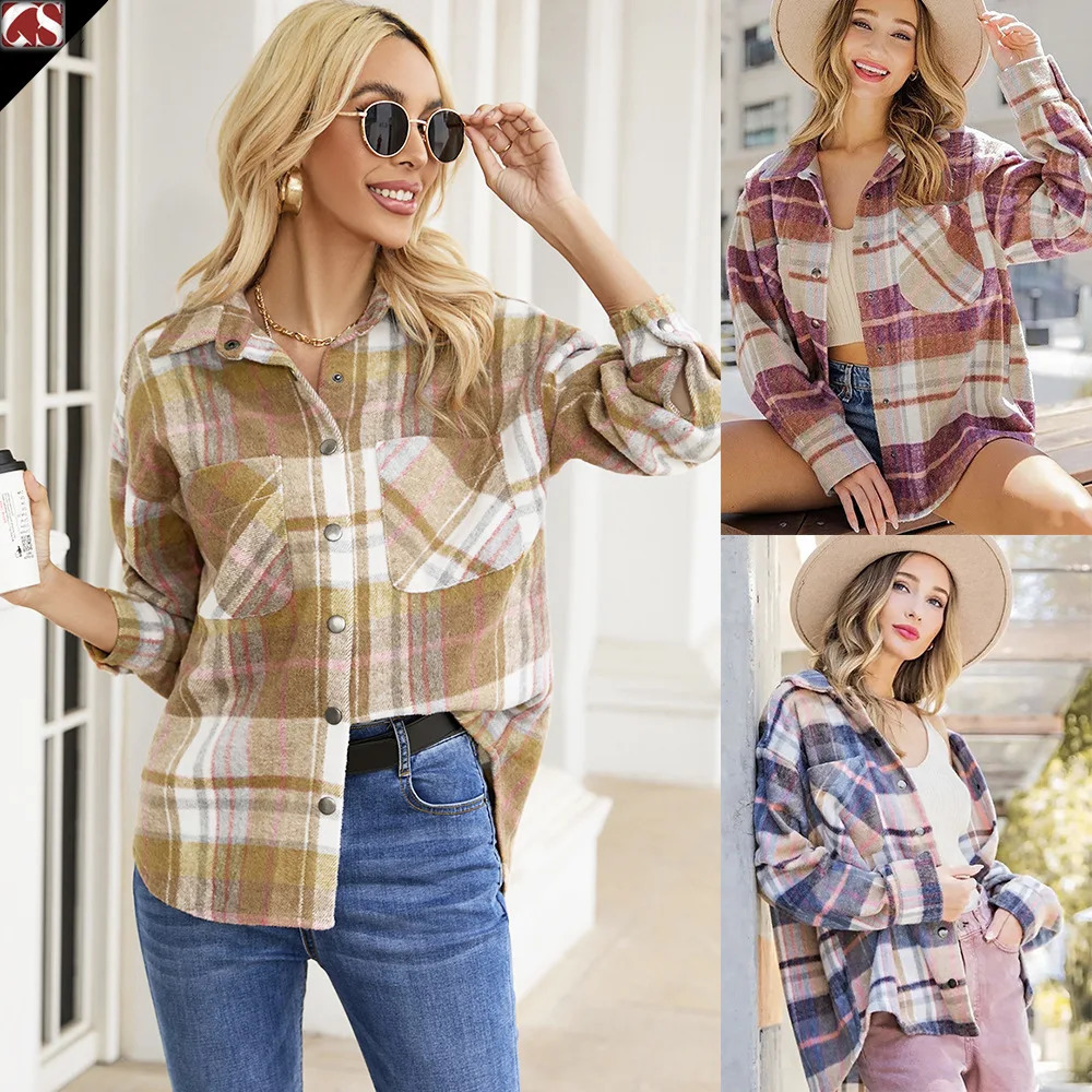 Womens Plaid Jacket Casual Loose Collared Woolen Coat 241202