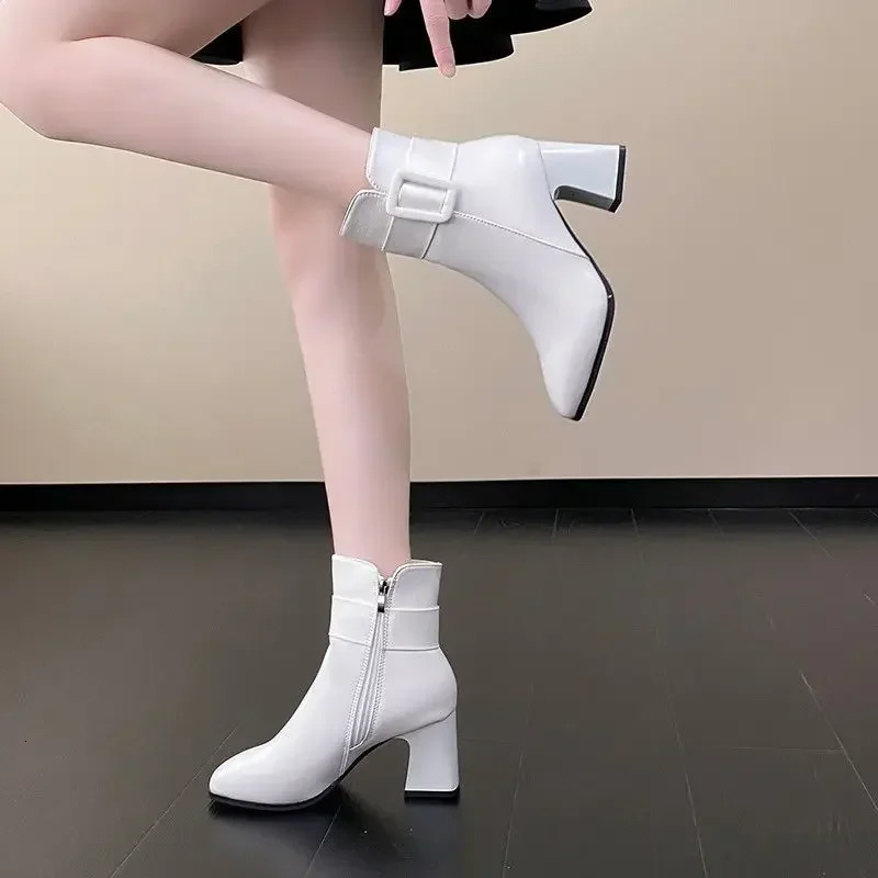 Fashionable white womens boots 2024 Korean version mid calf high heels thin fur autumnwinter rubber upper material 241206